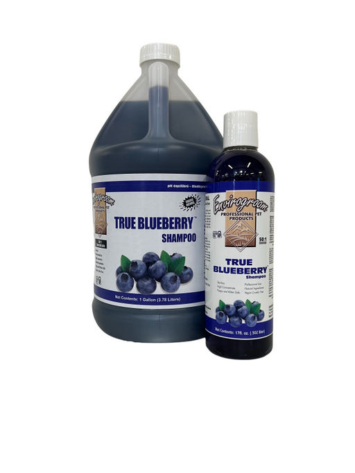 Envirogroom True Blueberry Shampoo bottle with blue label and pump dispenser, designed for gentle hair cleansing.