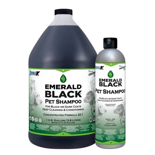 Double K Groomers Edge Emerald Black Shampoo bottle with black and green label, designed for pet grooming.