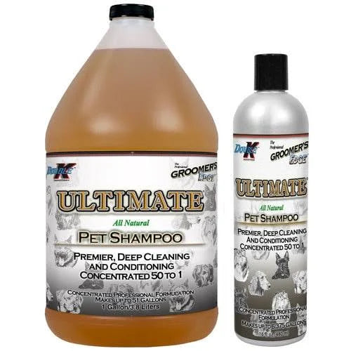 Double K Groomers Edge Ultimate Shampoo bottle, showcasing the professional pet grooming shampoo with a sleek label design.